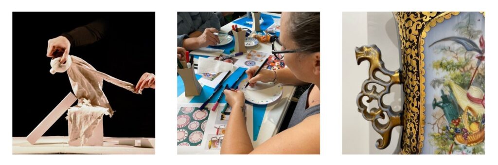 Visuels d'un théâtre de marionnettes, d'une animation au musée et d'un vase des collections du musée. - Agrandir l'image, fenêtre modale