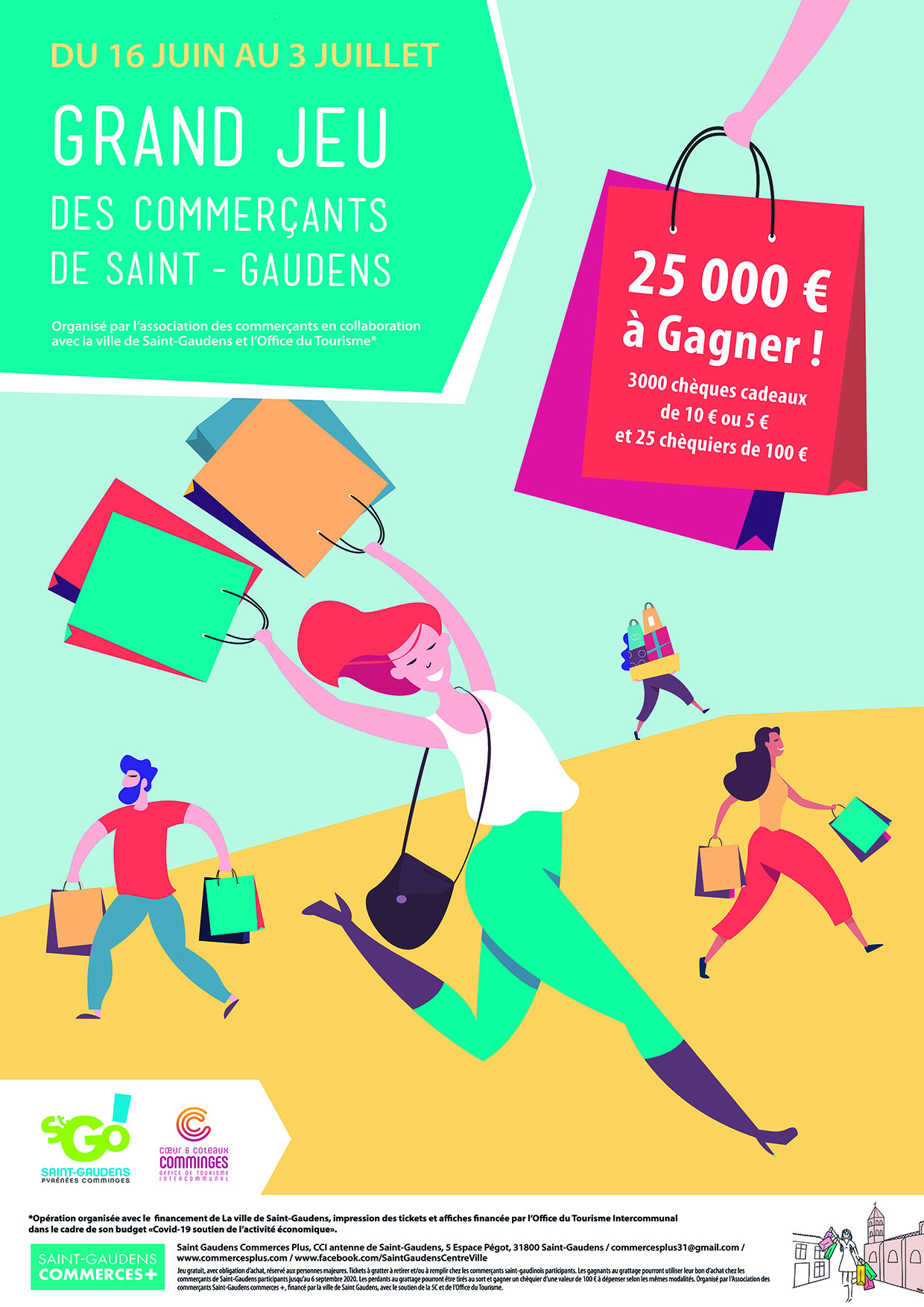 Du 16 au 3 juillet 2020, GRAND JEU des commerçants de Saint-Gaudens. 25000 € à gagner ! 3000 chèques cadeaux de 10€ ou 5€ et 25 chèques de 100€