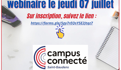 Capture d'une portion de l'affiche du campus connecté : webinaire le jeudi 7 juillet sur inscription lire l'article et suivre le lien
